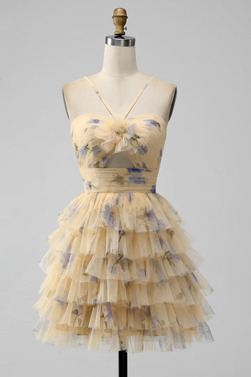 Vestido de regreso a casa corto de tul corto halter de línea amarilla